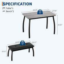 Dining Table With 2 Upholstered Benches - 3 Pcs Industrial Dining Table Set, Ideal For Dining Room, Kitchen, Studio, Restaurant - Grey - View 2