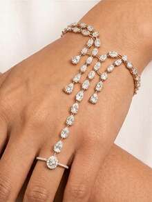 1 pieza Anillo y pulsera conectados con cristales brillantes incrustados, accesorio de cadena de dedo de diseño único - Pulsera de diamantes de imitación - Ver 10