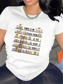 Women's Black And White Graphic T-Shirt With Bookshelf Design - "There's No Such Thing As Too Many Books" Slogan - Lightweight Polyester T-Shirt For Book Lovers, Librarians, Readers - Literary Gift For Home, Library, Or Casual Wear - Everyday Literary T-Shirt, Bookstore T-Shirt, Home Library Clothing, Bookstore Design, Comfortable Fit T-Shirt, Clothing For Reading Enthusiasts, Crew Neck T-Shirt, Durable Material, Literary Apparel - 白色 - 查看 12