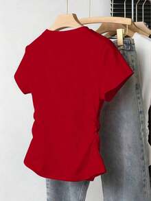 Camiseta ajustada de mujer con estampado de letras, silueta estilizante, estilo casual/al aire libre, nueva llegada de verano, color rojo - Rojo - Ver 2