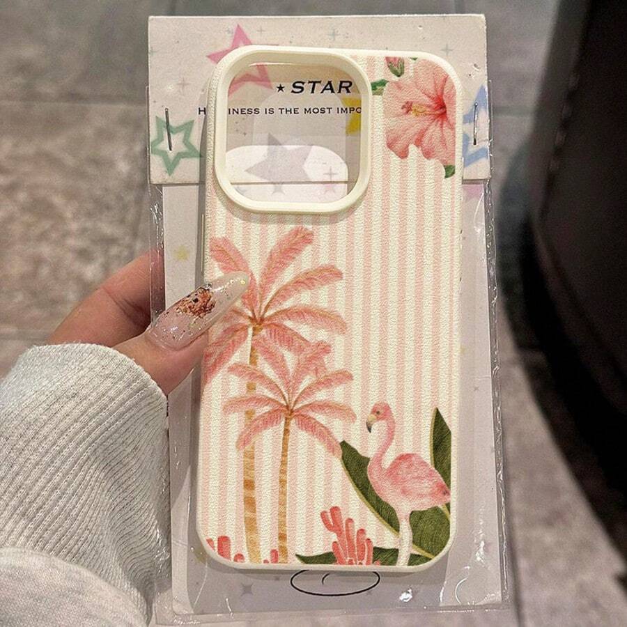 1個 TPU材質夏季清爽粉色條紋火烈鳥圖案手機殼,相容 iPhone 17 Pro Max/17/16 Pro Max/15/13/12/11, S20 FE/A15/S24/A55, Note 11/Note 12/Note 13 Pro,全包防摔軟殼手機保護套 - 白色 - 查看 1