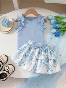 2pcs Baby Girls Cute Ruffle Sleeve Ribbed Top And Print Bow Skirt Set, Suitable For Summer - Blue - View 1