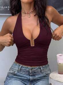 Camiseta corta con cuello halter, escote profundo en V, empalme de metal, espalda descubierta y plisados, adecuada para uso diario, ir al trabajo, citas, vacaciones, Día de San Valentín, verano casual - Rojo violeta - Ver 12