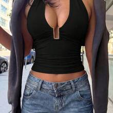 Women's Summer Vacation Solid Color Halter Neck Ruched Fitted Camisole Casual White - Gris - Ver 8