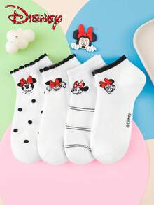 Disney 1/4/8 双装迪士尼女士短袜 - 米妮趣味卡通可爱时尚条纹波点蕾丝边 - 弹性好，适合日常穿着 - 彩色 - 查看 4
