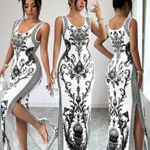Elenzya Exquisite Printed Chinoiserie Waist-Cinching Slit Luxurious Retro Middle Eastern UAE Style Robe, Tight Fit, Multi-Color, Sleeveless, High-Quality Material Luxury Dresses For Women Best Selling Dresses Club Outfits For Women Dress Long Dresses For Women Bodycon Bodycon Dress Women - Multicolor - Ver 9