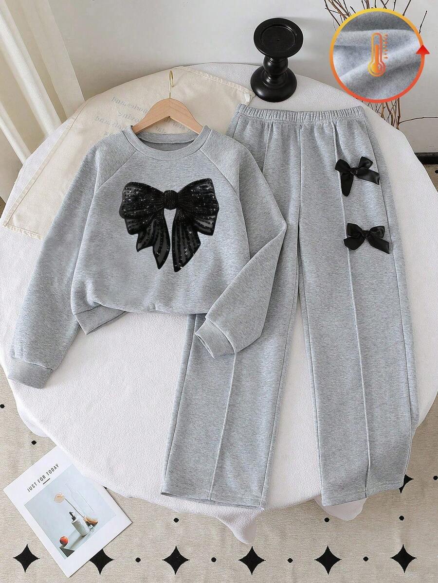 Girls' Fashion Gray Bow Print Round Neck Long Sleeve Top And Wide Leg Pants With Bow Decor, Autumn/Winter - Light Grey - View 1