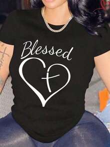 Women's 100% Cotton T-Shirt With Heart And Cross Graphic Print, Short Sleeve, Round Neck, Religious-Inspired Casual Style, Plus Sizes Available S-XXXL. Comfortable, Soft, And Simple Top For Everyday Wear. - 黑色 - 查看 1