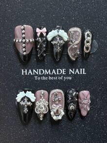 Hình dán móng tay thủ công kiểu Châu Âu và Mỹ, hình dán móng tay đính đá sang trọng, hình dán móng tay phong cách Gothic Chic. - màu đen - Xem 10