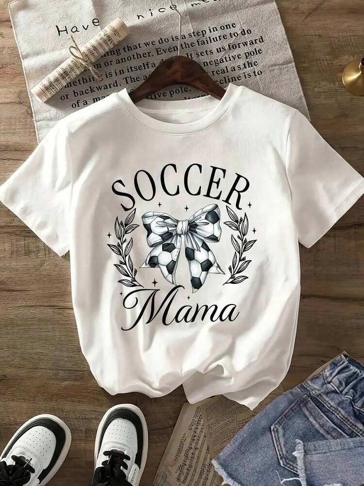 ropa de mujer ropa de mujer Camiseta de mujer Soccer Mama con estampado de lazo y laurel, corte casual, manga corta, cuello redondo, transpirable, camiseta de verano con puños y dobladillo acanalados, ropa de verano, ropa de mujer, camisetas gráficas para mujer, conjuntos de verano para mujer, conjuntos para festivales, conjuntos de vacaciones para mujer, artículos esenciales de viaje para mujer, camisas de mujer - Blanco - Añade 1