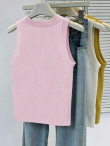Top de punto de cuello redondo en color sólido para mujer de , minimalista y versátil, para verano. - Rosa - Ver 2