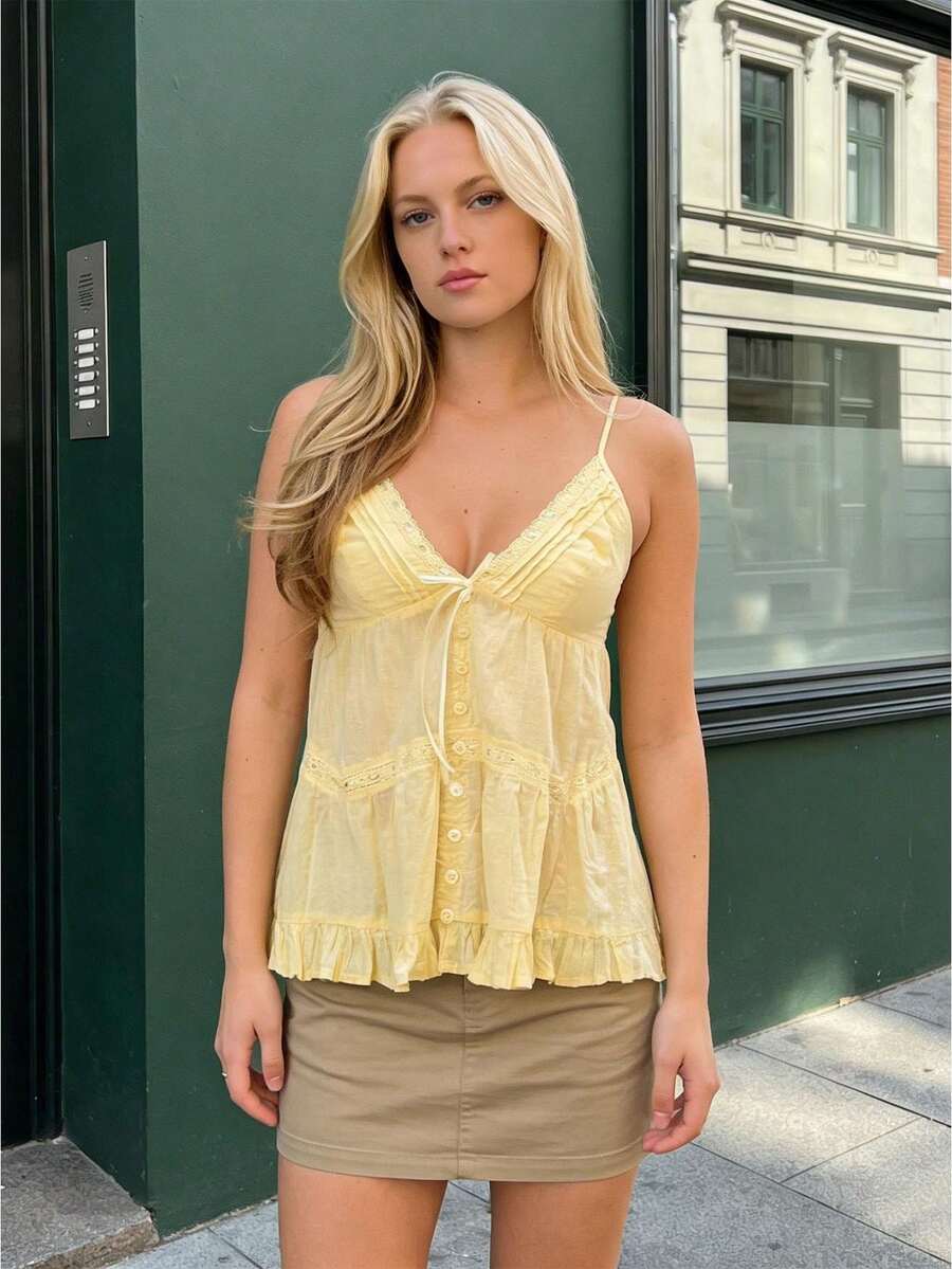 Women's Summer Camisole Button Front V-Neck Lace Ribbon Ruffled Peplum Hem Tank Tops - Yellow - View 1