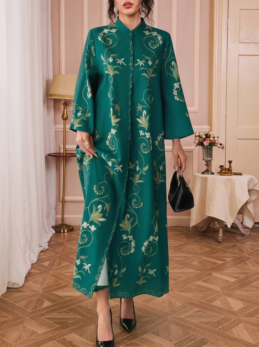Solessence 1 chiếc áo choàng nữ màu xanh lá cây in họa tiết toàn thân, kiểu dáng thường ngày, cổ đứng, tay loe, cài cúc đơn, dáng rộng, thanh lịch, thích hợp cho các buổi tiệc sang trọng, kỳ nghỉ, mùa xuân. - màu xanh lá - Xem 1