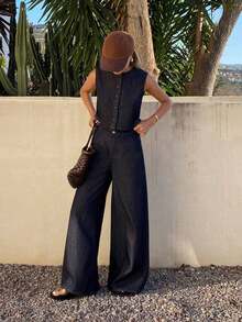 Conjunto casual de mezclilla para mujer con chaleco sin mangas de cuello redondo y abierto al frente, y pantalones vaqueros rectos y sueltos - Azul lavado oscuro - Ver 5