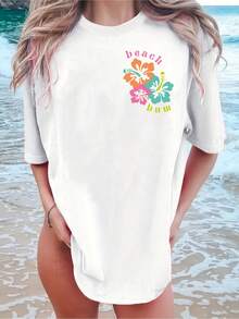 Top Casual de Manga Corta con Cuello Redondo y Hombros Descubiertos con Estampado Floral para Mujer - Moda de Primavera y Verano - Blanco - Ver 2