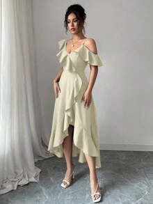 YHHElenzga Vestido elegante de verano con efecto de mezclilla, con volantes asimétricosYHH - Albaricoque - Ver 5