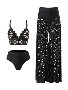 Bonvoyette Conjunto de 3 Piezas de Traje de Baño de Verano para Mujer, Top Sólido con Tirantes, Shorts de Cintura Alta, Pareo Largo Calado, Conjunto de Bikini de Moda para Resort - Negro - Ver 3