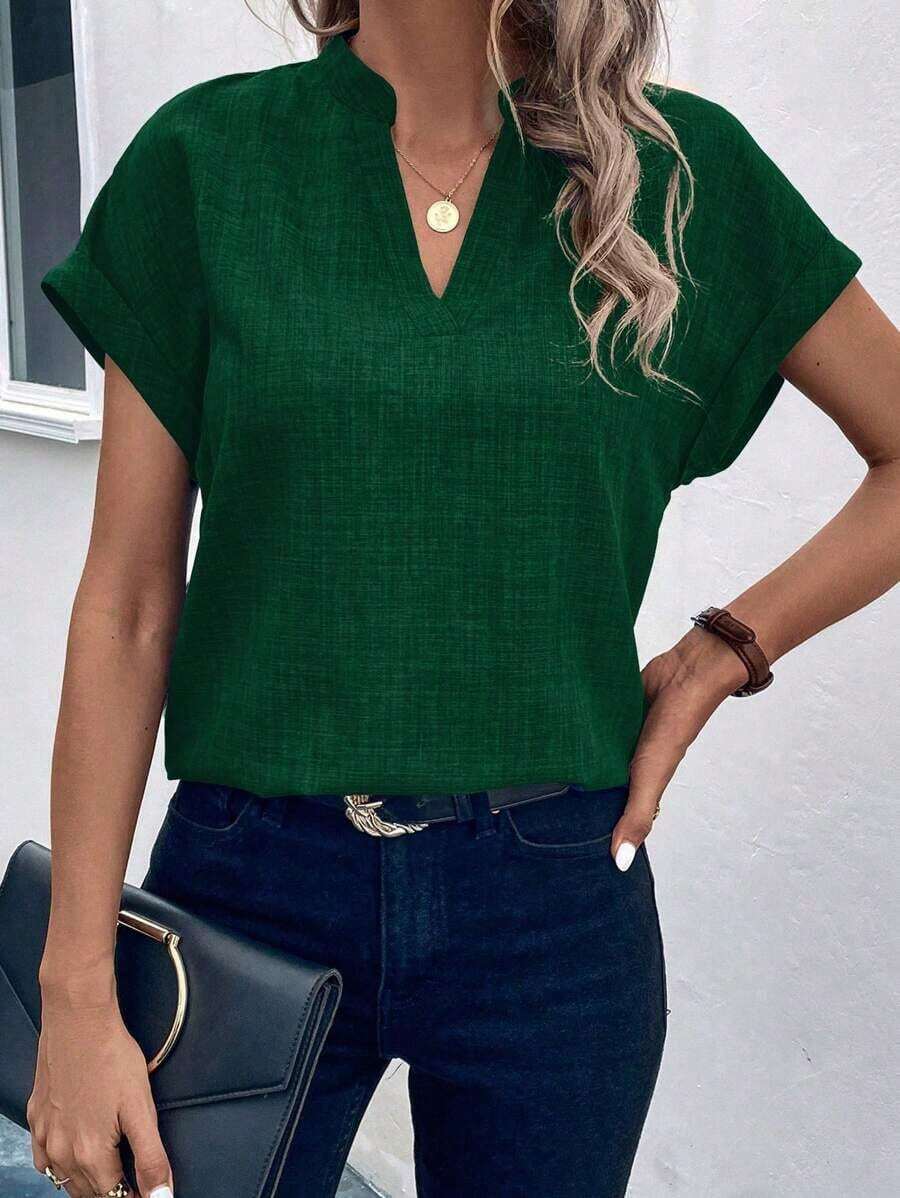Camisa casual de mujer de manga corta con cuello entallado de unicolor, para verano - Verde Oscuro - Ver 1