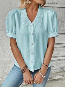 Camisa casual de mujer de manga corta con encaje de contraste - Azul 2 - Ver 3