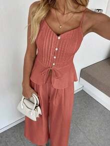 Set de 2 piezas: Top de tirantes ajustado informal con nudo delantero y pantalón de pierna ancha - Rosa coral - Ver 6