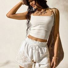 X Scot Louie White Woven Women's Casual Boho Color Block Embroidery Comfy Shorts Bead Strap Graduation - Negro - Ver 8