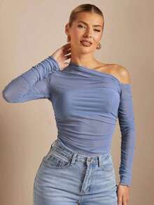 Camiseta Ajustada De Cuello Asimétrico Y Con Pliegues Y Perspectiva Para Mujeres - Gris - Ver 6