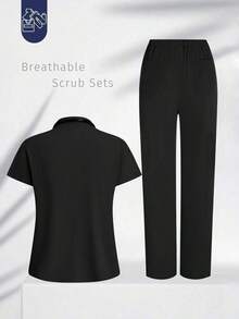 Conjunto de uniforme azul marino para mujer, hecho de tela de alta calidad y transpirable, adecuado para deportes, enfermería y trabajo, con bolsillos, perneras acampanadas, conjunto de uniforme de moda, adecuado para clínicas dentales, conjunto de unifor - Negro - Ver 2
