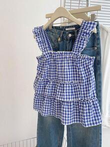 Blusa linda con volantes a cuadros para mujer - Azul - Ver 4