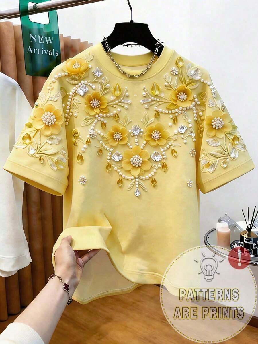 Camiseta casual y de moda para mujer con efecto de parche de mezclilla, estampado a rayas y de cerezas digitales, cuello redondo - Amarillo - Ver 1