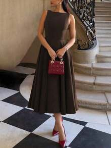 Elegante vestido maxi romántico francés con espalda descubierta, cintura ceñida y diseño calado, elegante y sexy, adecuado para Navidad, fiestas de vacaciones, citas de verano - Marrón - Ver 4
