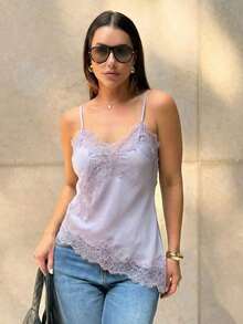 Camiseta sin mangas asimétrica de encaje con contraste de unicolor para mujer, elegante y holgada, top casual de verano - Púrpura malva - Ver 4