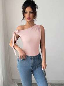 Camiseta ajustada elegante con cuello asimétrico y nudo de mujer de unicolor - Rosa vieja - Ver 5