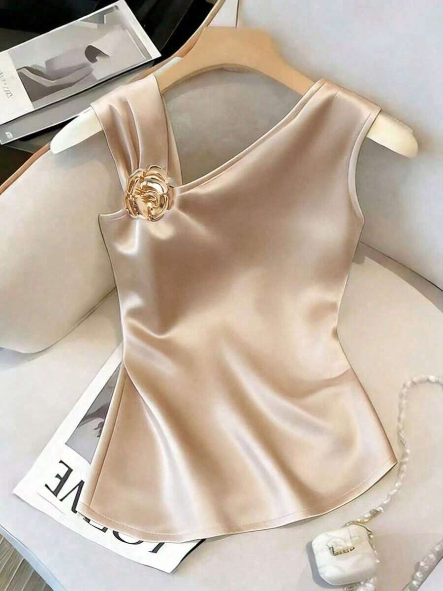Camiseta de mujer de unicolor sin mangas asimétrica con fruncido y botón decorativo - Albaricoque - Ver 1