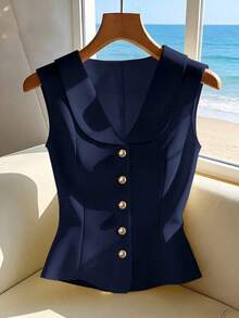 Blusa sin mangas elegante amarilla, top de verano elegante y estilizador para mujeres - Azul marino - Ver 7