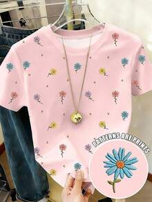 Camiseta de manga corta con estampado floral, camiseta de verano, blusa refrescante para damas, camiseta estética - Multicolor 15 - Ver 6