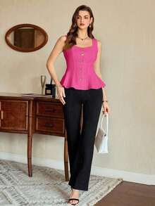Blusa de mujer vintage, elegante y clásica, con cierre de botones metálicos con forma de flor, blusa sin mangas blanca, para primavera/verano - Rosa Fucsia - Ver 5