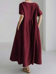Vestido de lino suelto, casual, elegante y cómodo para mujer.Vestido largo suelto de manga corta, con bolsillo, cuello redondo y unicolor.Ajuste relajado para el verano - Burdeos - Ver 3