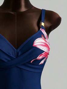 Conjunto de bikini de 2 piezas con estampado floral, accesorio de metal y correa ajustable, de caliente para vacaciones de primavera/verano y playa - Azul marino - Ver 6