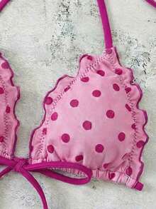 Conjunto de bikini de dos piezas con estampado de lunares, camiseta con lazo sexy y traje de baño para vacaciones en la playa para mujer - Rosa - Ver 5