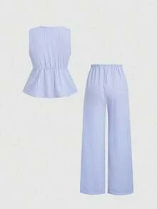 Set de 2 pantalones rectos de pierna sencilla con cordón, estilo versátil, a rayas rosas, de llegada nueva para el verano estilo europeo y americano, para mujer - Celeste - Ver 3