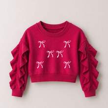 Girls' Cropped Sweatshirt With Long Sleeves And Ruffle Detail, Stylish For Cold Weather, Mid-Season, And Winter. - Rosa Fucsia - Ver 2