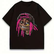 Ultra-Soft Cotton Graphic Tee For Men And Women Featuring A Rap Artist Design With Pink Hair And Dreadlocks - Breathable, Moisture-Wicking Crew Neck Tee, All-Season Streetwear Casual Wear, Retro Hip-Hop Style, Ideal For Concerts And Casual Outfits - Fun Gift For Rap Fans - Geometric Appliqué Pattern, Machine Washable, Regular Fit, Humorous Clothing With A Character Print Featuring Pink Dreadlocks And Gold Chains. - 黑色 - 查看 2