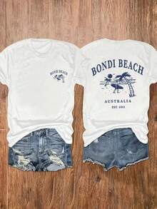 Bondi Women's Surf And Beach Graphic T-Shirt - Retro Black And Gold Surf Print With Kangaroo And Surfboards, Casual Short Sleeve Crew Neck T-Shirt For Surfing, Beachwear And Everyday Wear (Loose Fit) Y2k T-Shirt Shirt - 白色 - 查看 2