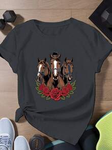 Women's Plus Size Short Sleeve Sports T-Shirt For Horse Riding - Black - View 1