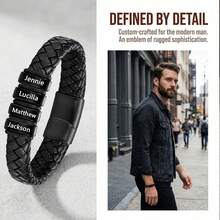 1pc Personalized Men's Name Beaded Leather Bracelet, Customized Gift For Father's Day, Birthday Gift For Dad, Husband, Boyfriend, Black Bracelet, Gift For Him, Wristbands - Black - View 6
