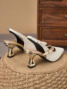 WHDXY 1 Pair Women's Pointed Toe Tweed Slide Sandals, New Summer Design With Metal Buckle Strap Backless Mary Jane Shoes, Gold 7cm Asymmetric Heel, Versatile For Commute, Daily Wear, Date, Party - Beige - View 3