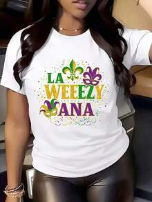 Camiseta de Cuello Redondo para Mujer La Weezy Ana con Estampado de Máscara de Flor de Lis para Mardi Gras, Fiesta, Celebración, Festival - Estilo Vintage Urbano Unisex, Camiseta de Manga Corta de Algodón Suelto con Cuello Redondo. - Blanco - Ver 4