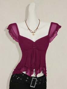 Top sin mangas con volantes, escote con pliegues, ajuste ceñido, parches de malla sexy, espalda con lazo, top casual de vacaciones - Morado - Ver 5