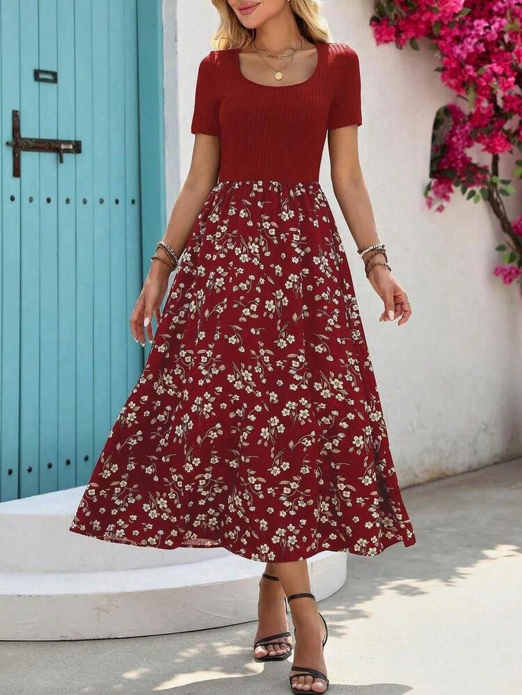 GGHKKssg Women's Summer Solid Color & Printed Patchwork Minimalist Casual Dress - Azul - Añade 10