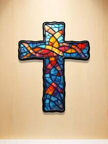 1pc Colorful Glass Textured Cross Iron Wall Decor, Vintage Style Wall Hanging Ornament, Retro Religious Home Decor Hanging Piece, Suitable For Bathroom, Living Room, Bedroom, Wall Decoration - Cross - View 1